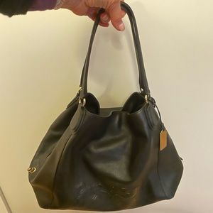 Coach Edie Pebble Leather large hobo with horse and carriage logo, black